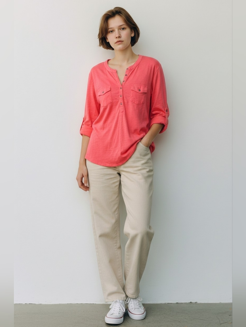 Kuhl Women's Button-Down Henley Shirt in Bright Coral Pink
